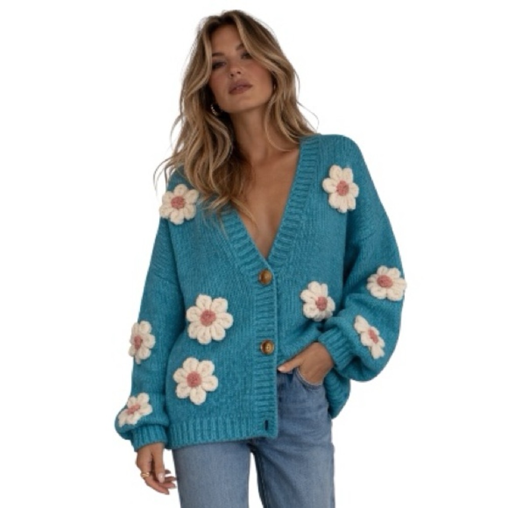 BiBi Chunky Crochet Daisy Cardigan Sweater Teal Blue Women's Medium